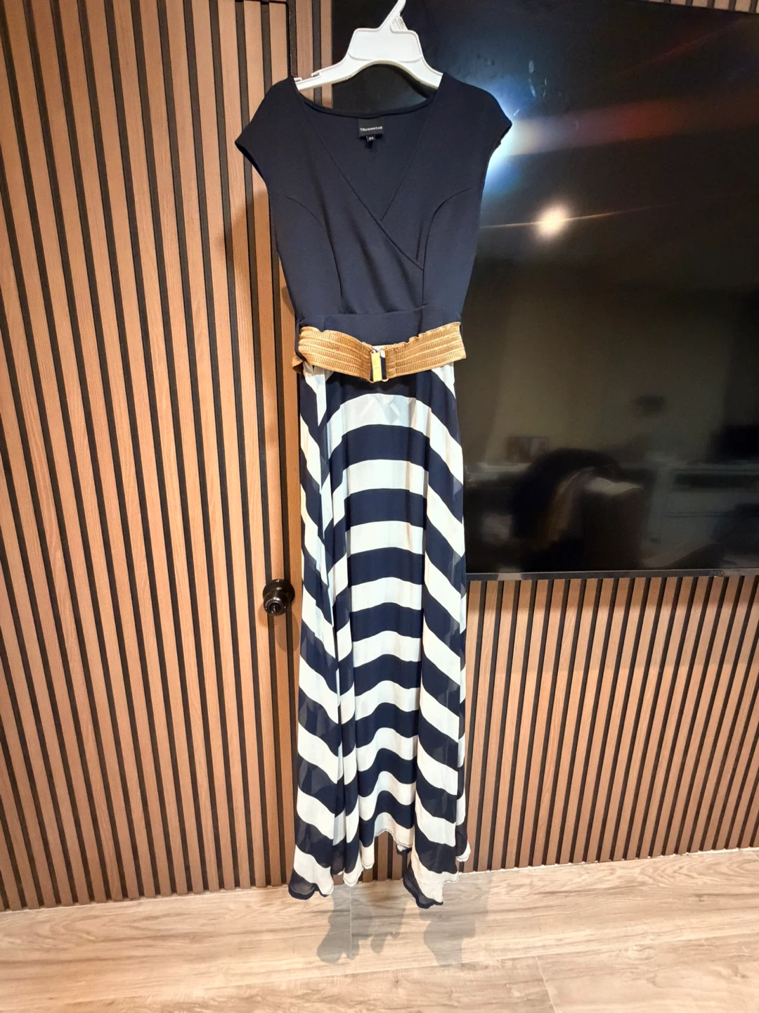 Navy Striped Maxi Dress with Belt
