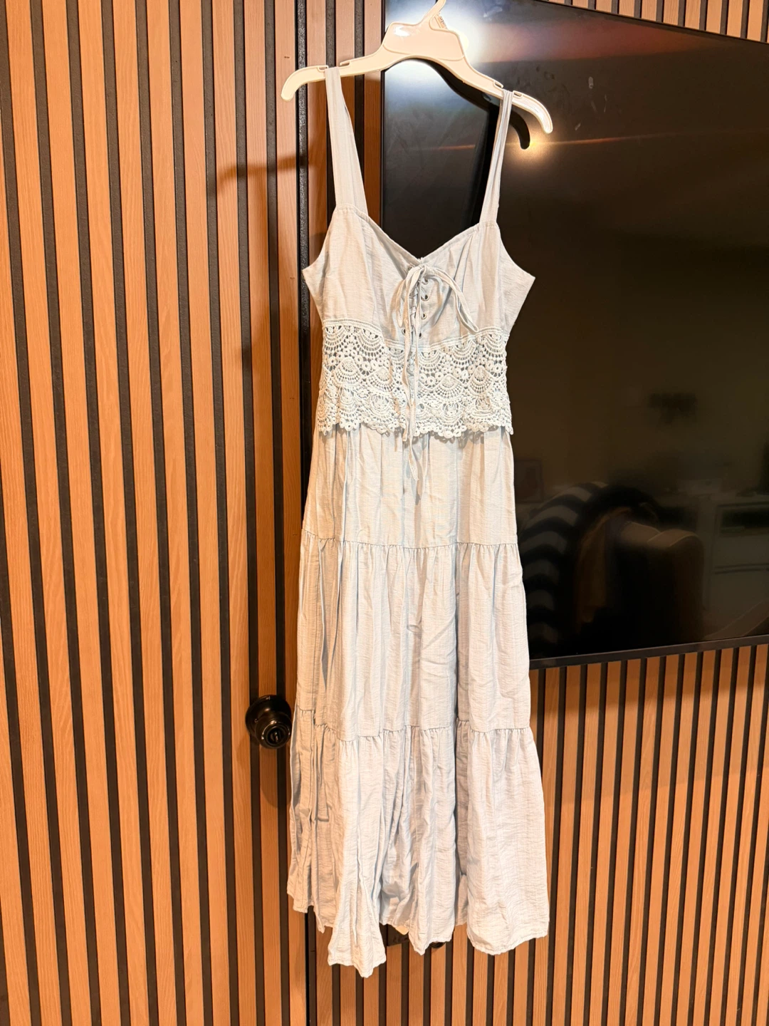 Light Blue Tiered Midi Dress with Crochet Detail - photo 2
