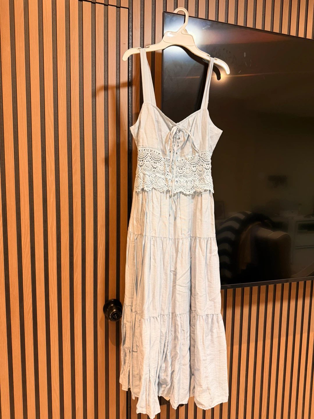 Light Blue Tiered Midi Dress with Crochet Detail