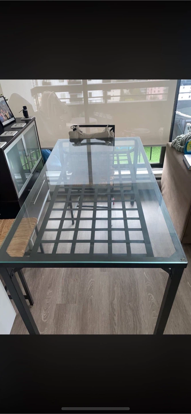 Glass Dining Table with Woven Seat Chairs