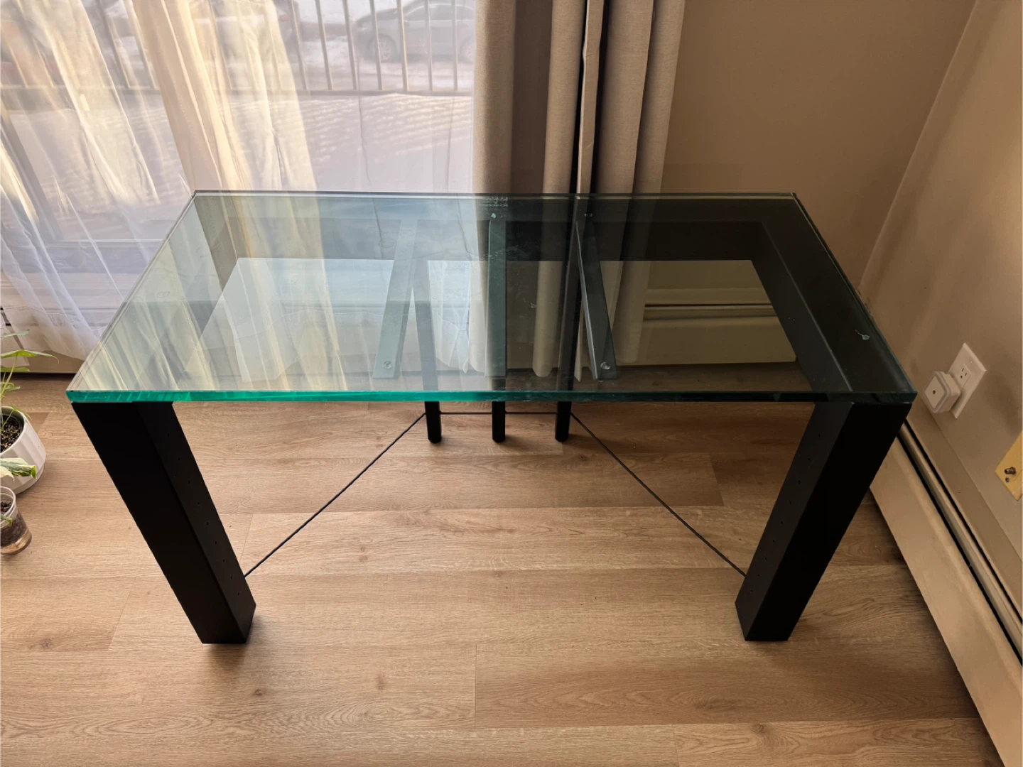 Coffee table: Modern Glass Top Desk with Black Metal Frame