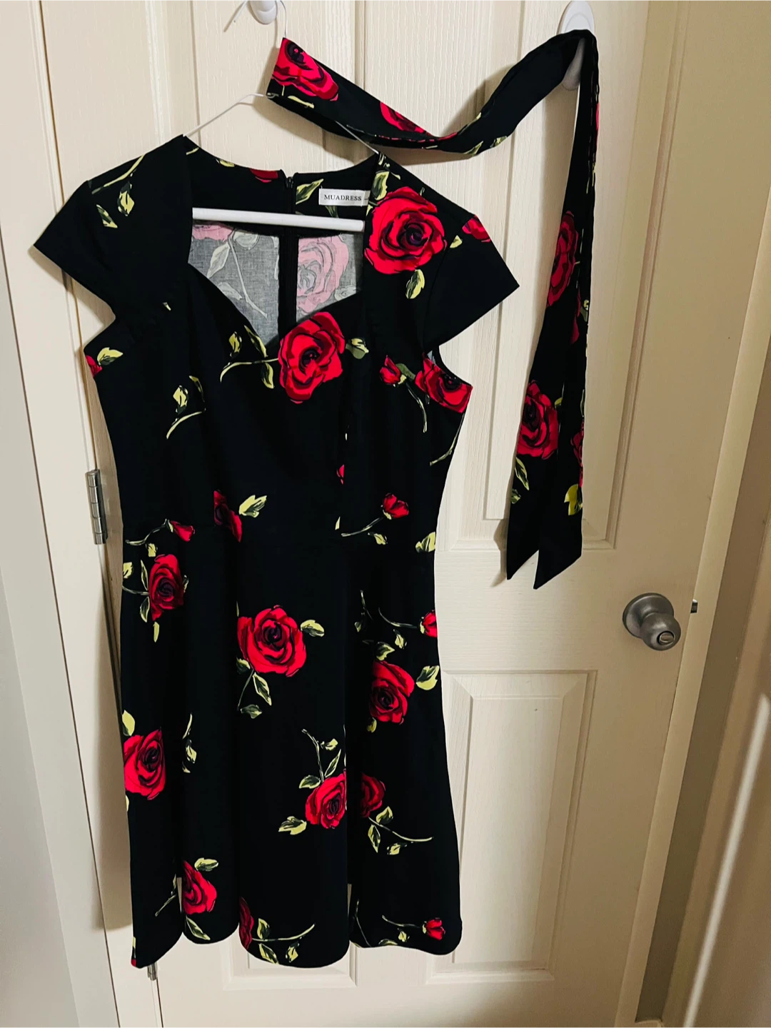 Black Rose Print Dress with Scarf - photo 2