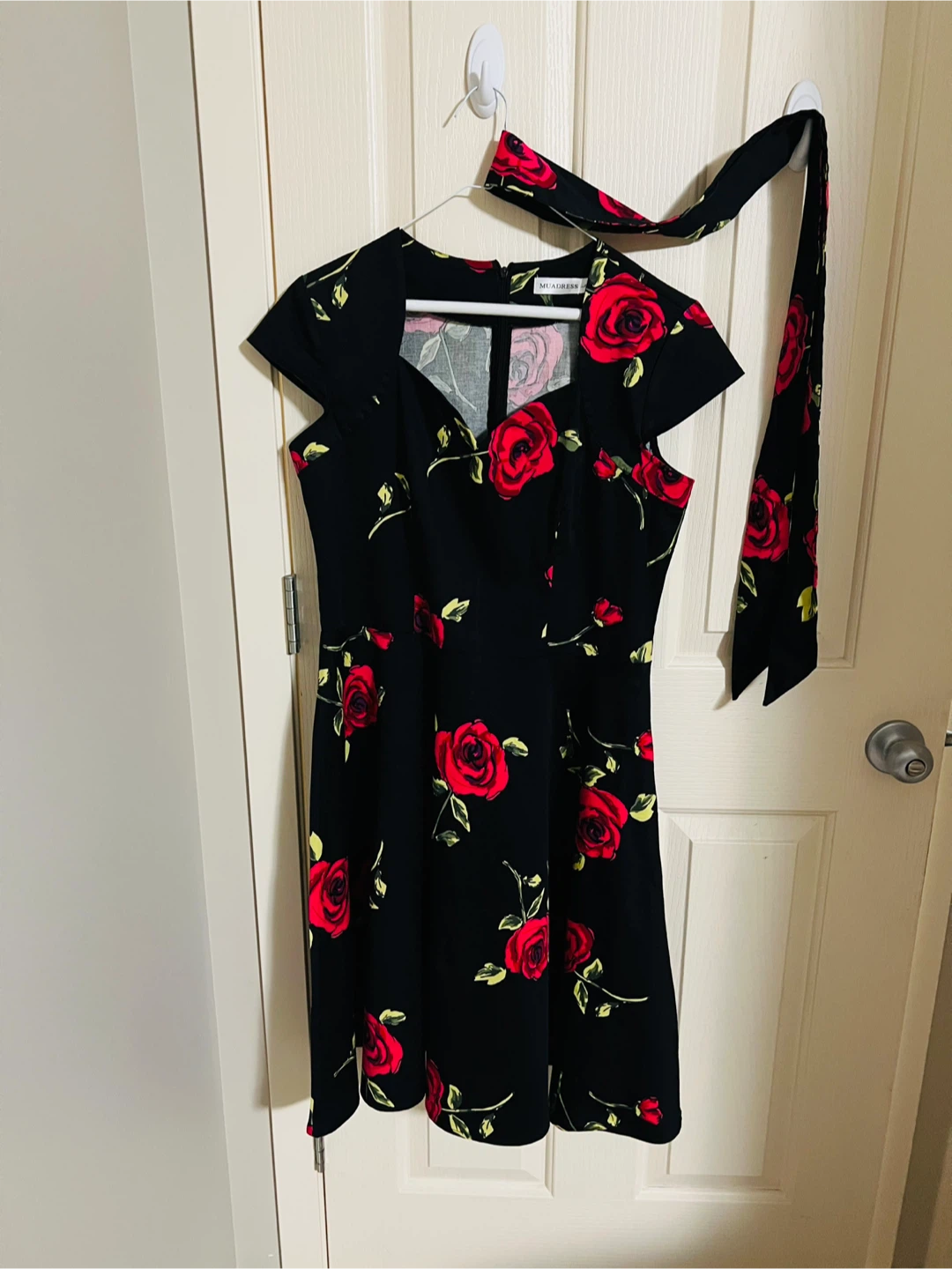 Black Rose Print Dress with Scarf