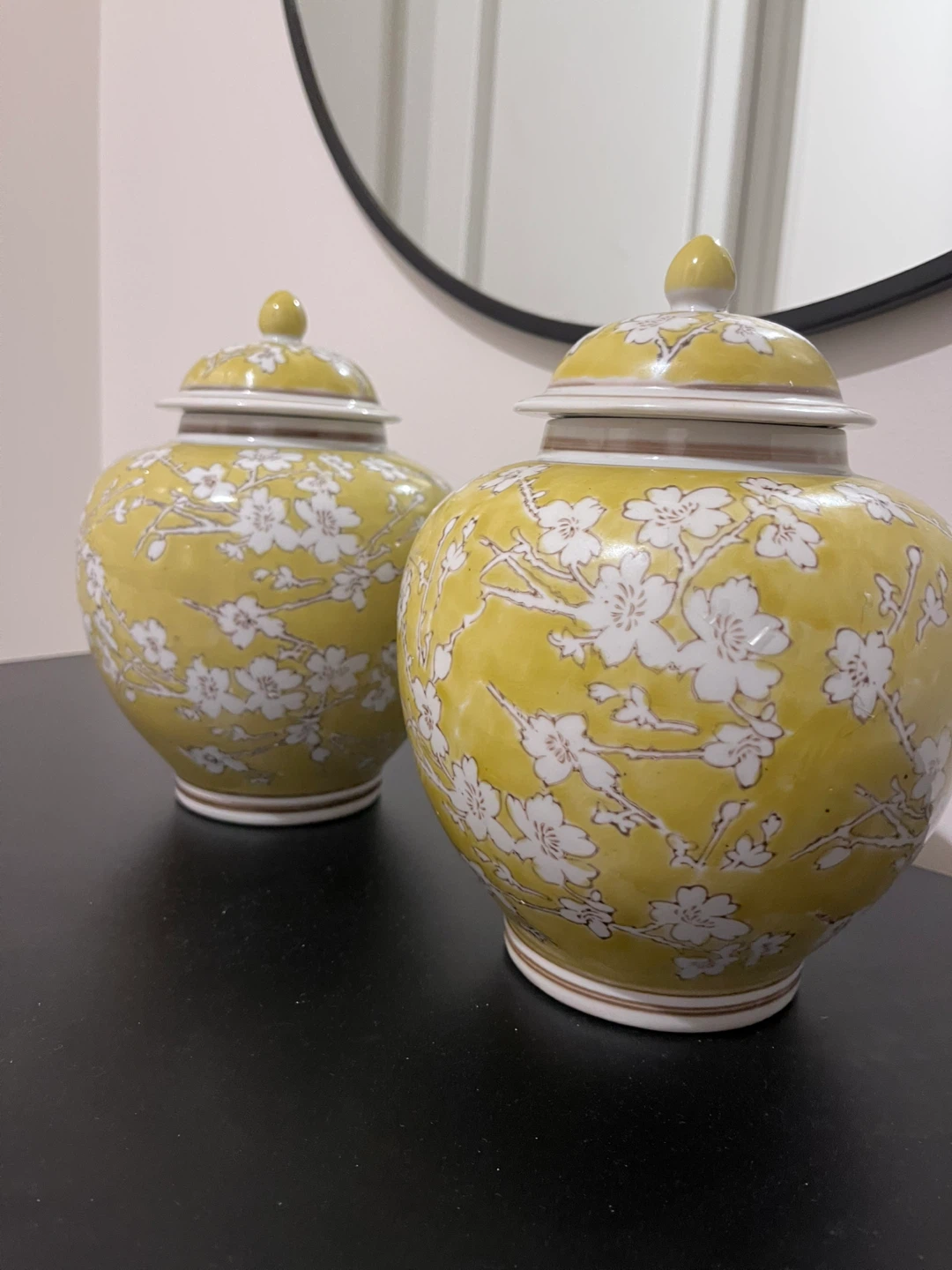Yellow Ginger Jars with Floral Design - Set of 2