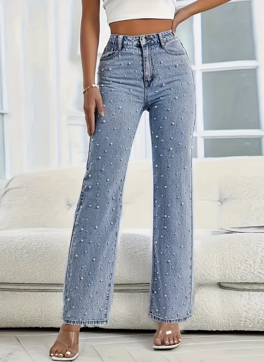 New Women's Pearl Embellished Denim Jeans - photo 3