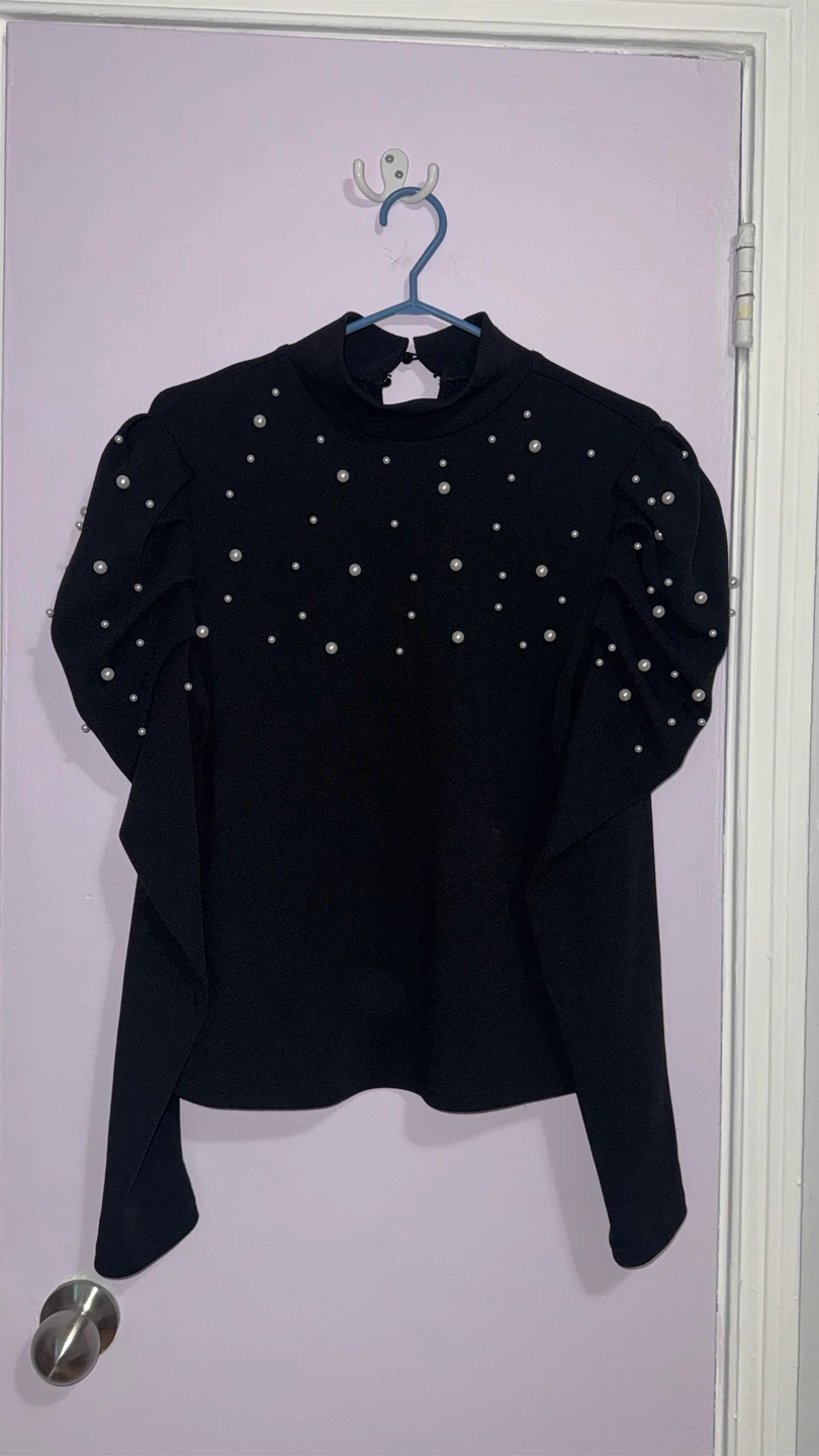 Black Shein Blouse with Pearl Embellishments