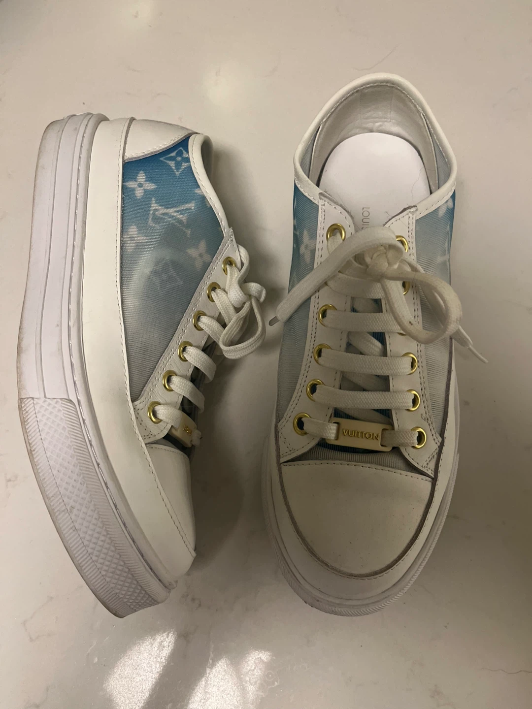 White & Blue Monogram Sneakers