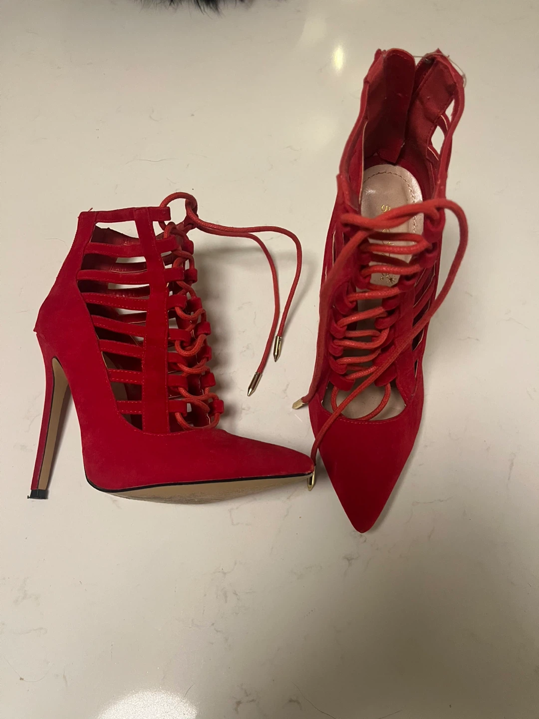 Red Suede Lace-Up Stiletto Heels shoedazzle