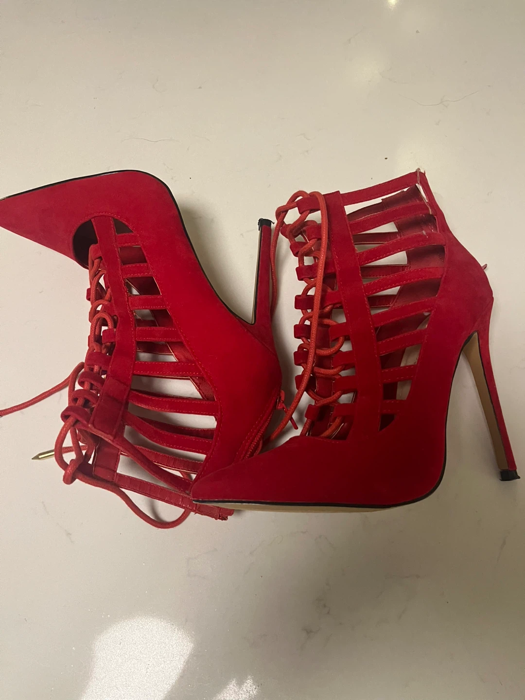 Red Suede Lace-Up Stiletto Heels shoedazzle - photo 2