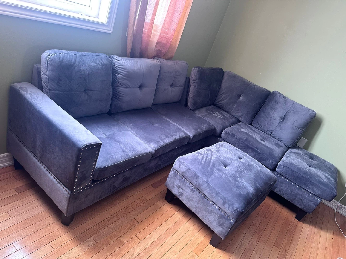 Grey Velvet Sectional Sofa with Ottomans