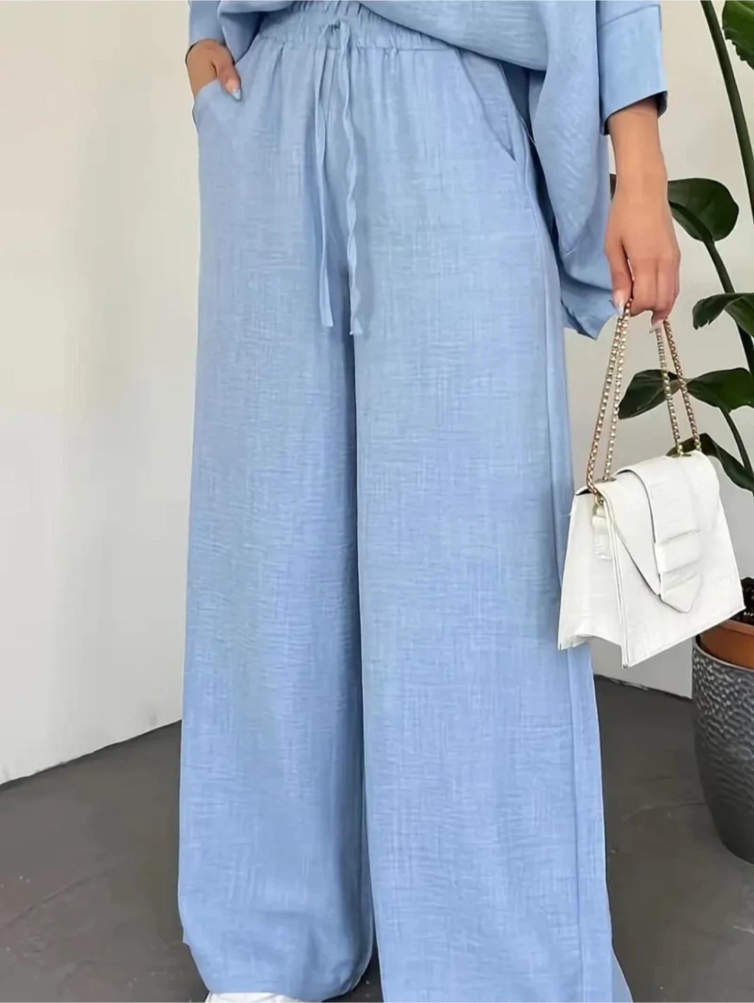 Blue Linen-Look Wide Leg Pants and Oversized Shirt Set - photo 5