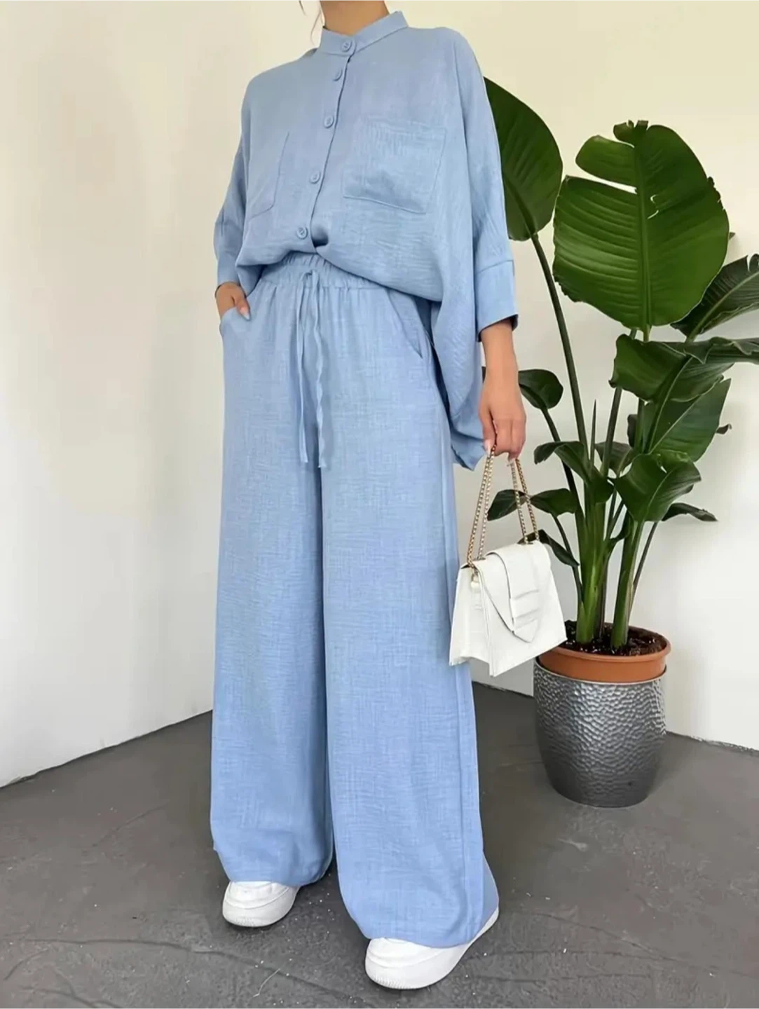 Blue Linen-Look Wide Leg Pants and Oversized Shirt Set
