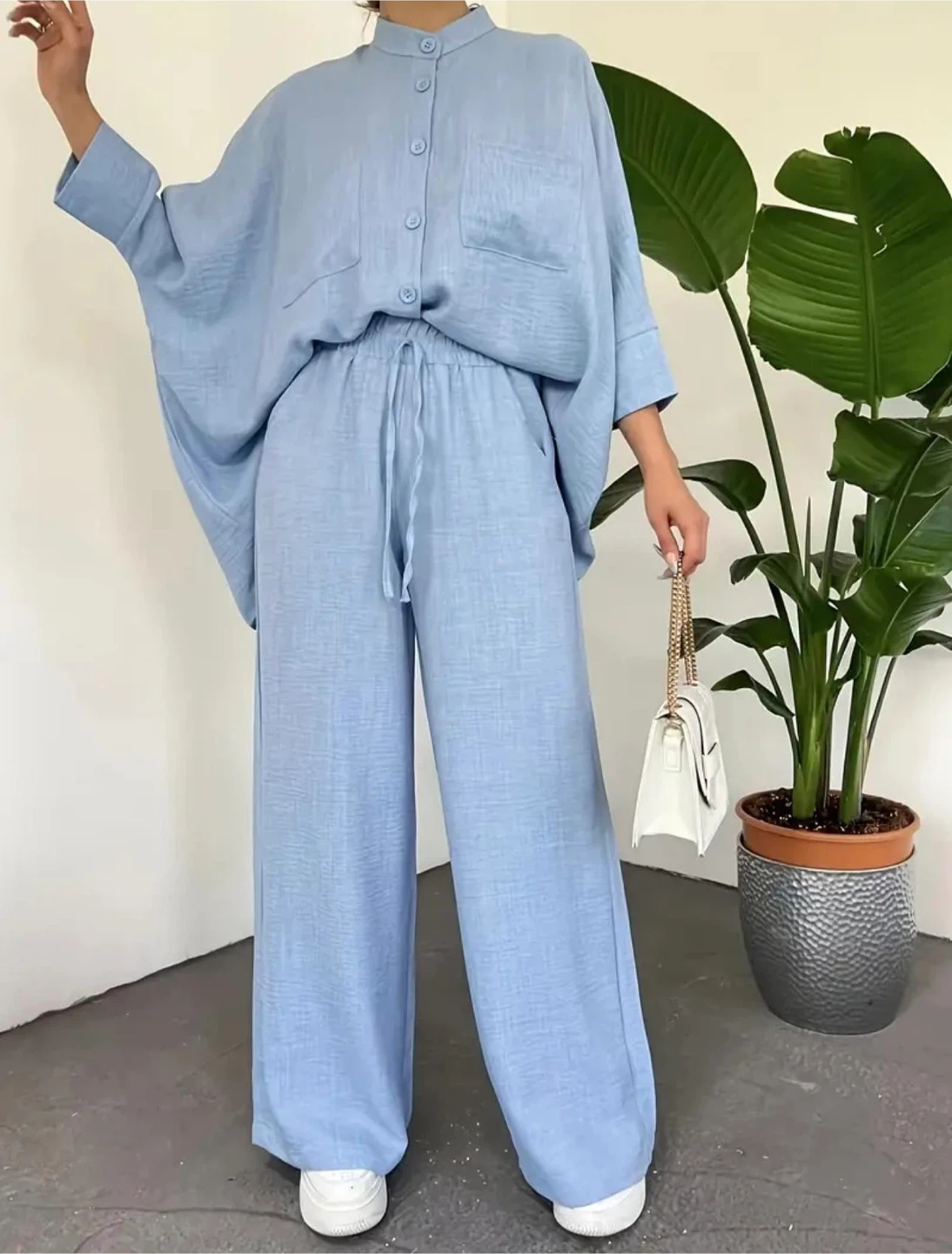 Blue Linen-Look Wide Leg Pants and Oversized Shirt Set - photo 2