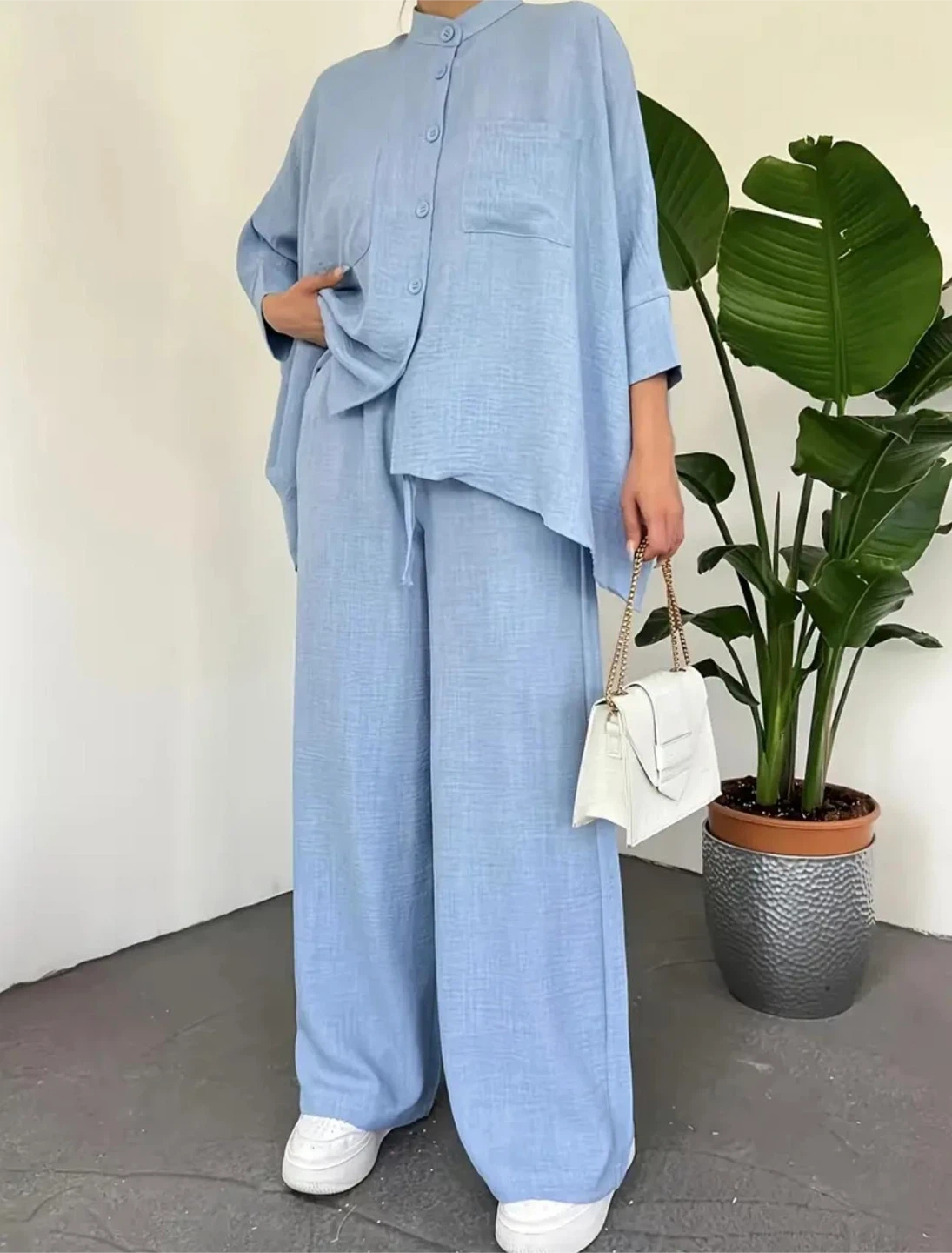 Blue Linen-Look Wide Leg Pants and Oversized Shirt Set - photo 4