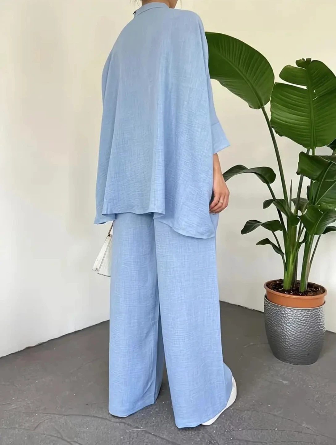 Blue Linen-Look Wide Leg Pants and Oversized Shirt Set - photo 3