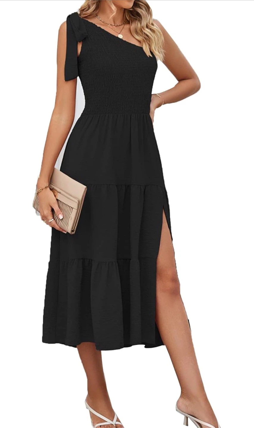 NEW! Black One-Shoulder Smocked Tiered Midi Dress - photo 2