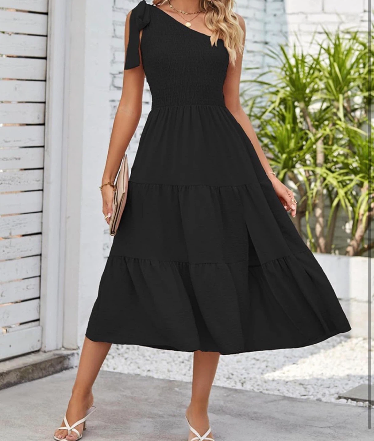NEW! Black One-Shoulder Smocked Tiered Midi Dress - photo 3