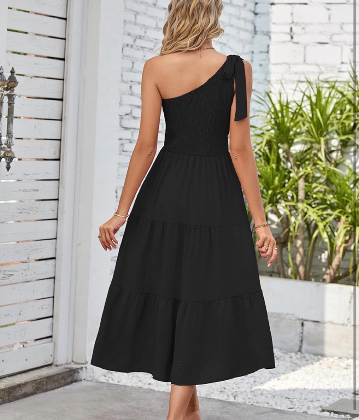 NEW! Black One-Shoulder Smocked Tiered Midi Dress - photo 4