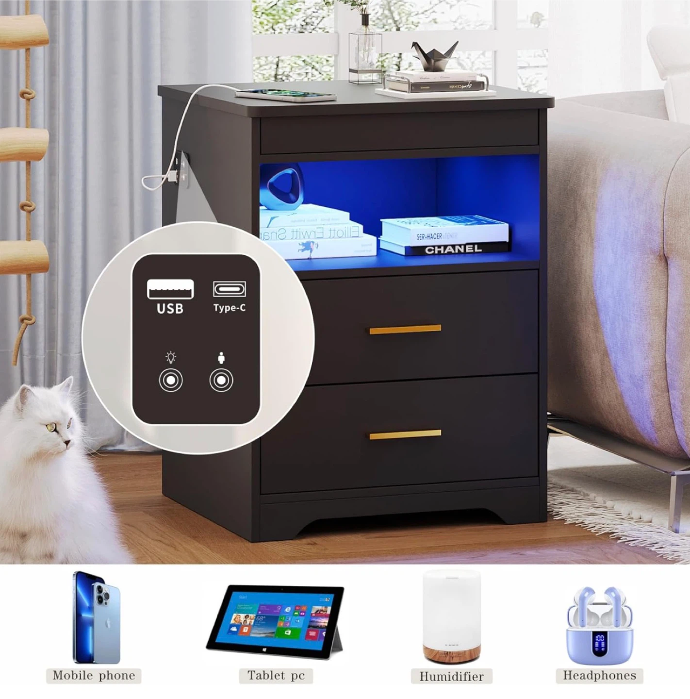 Nightstand with USB & Type-C Ports and LED Light - photo 5