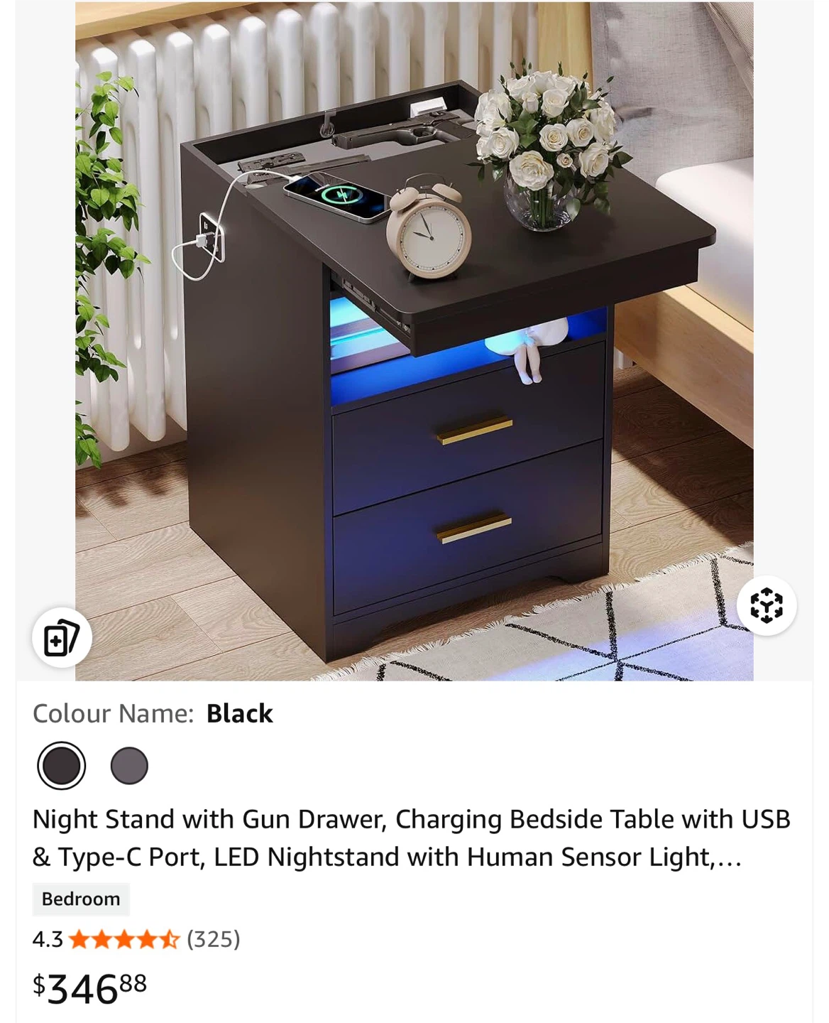 Nightstand with USB & Type-C Ports and LED Light