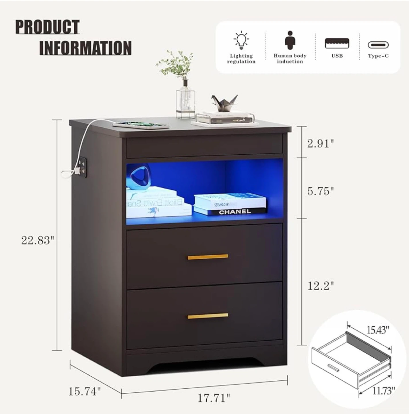 Nightstand with USB & Type-C Ports and LED Light - photo 2