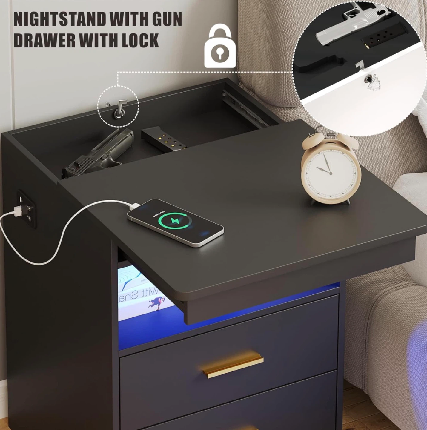 Nightstand with USB & Type-C Ports and LED Light - photo 3