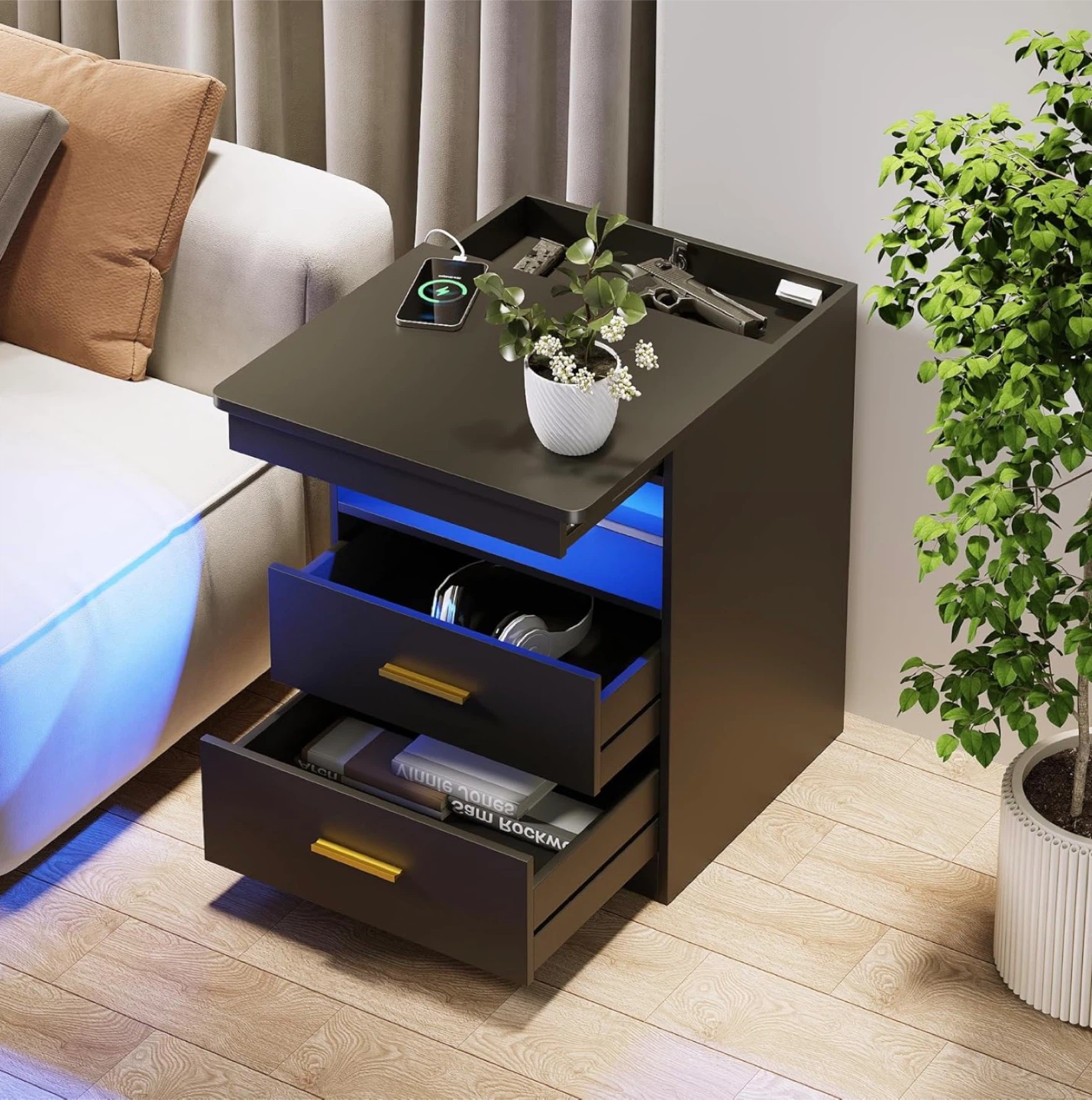 Nightstand with USB & Type-C Ports and LED Light - photo 4