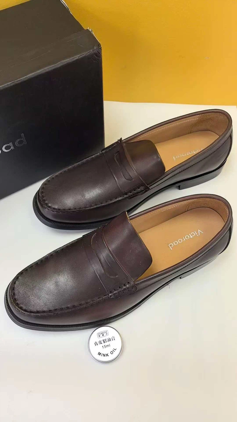 Victorroad Men's Brown calf Leather Penny Loafers Size 44