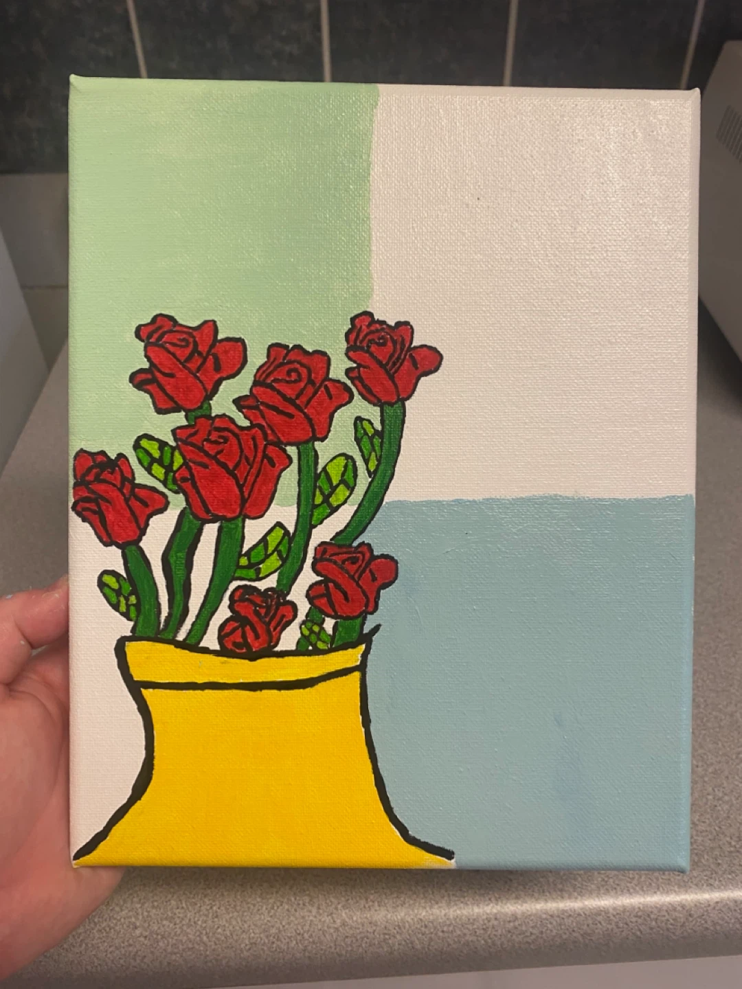 Canvas Painting of Red Roses in Yellow Vase