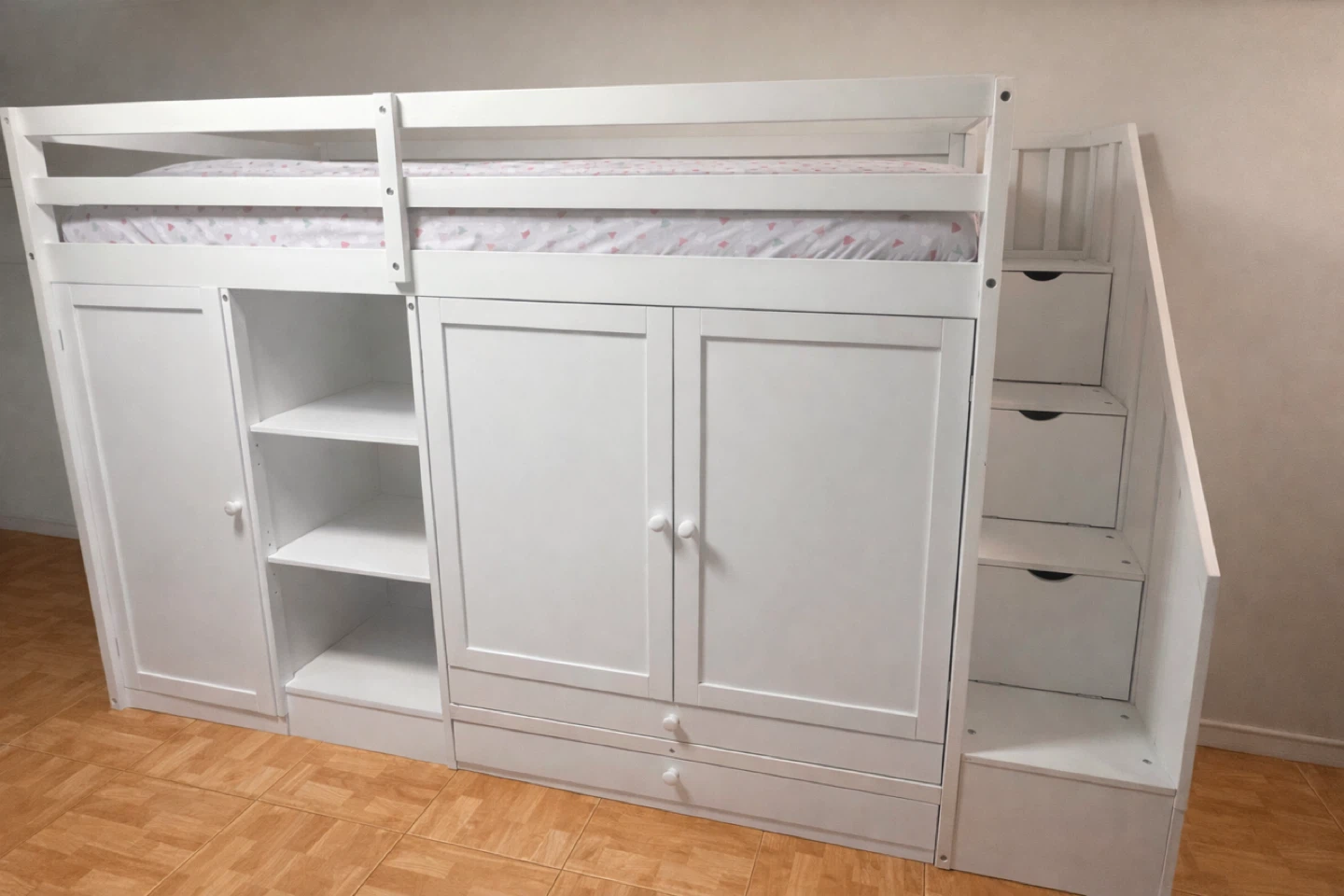White Twin Loft Bed with Storage and Stairs