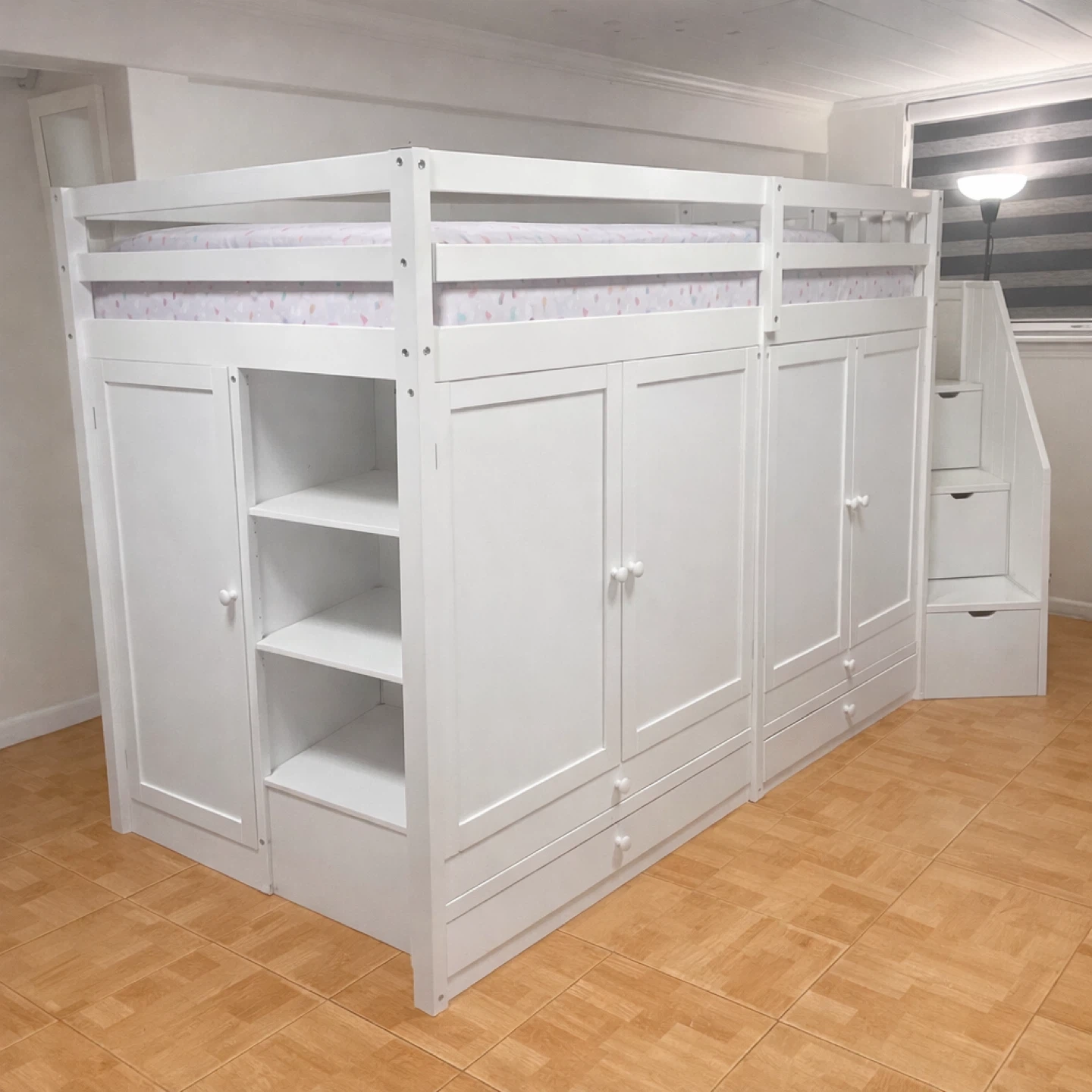 White Twin Loft Bed with Storage and Stairs - photo 4