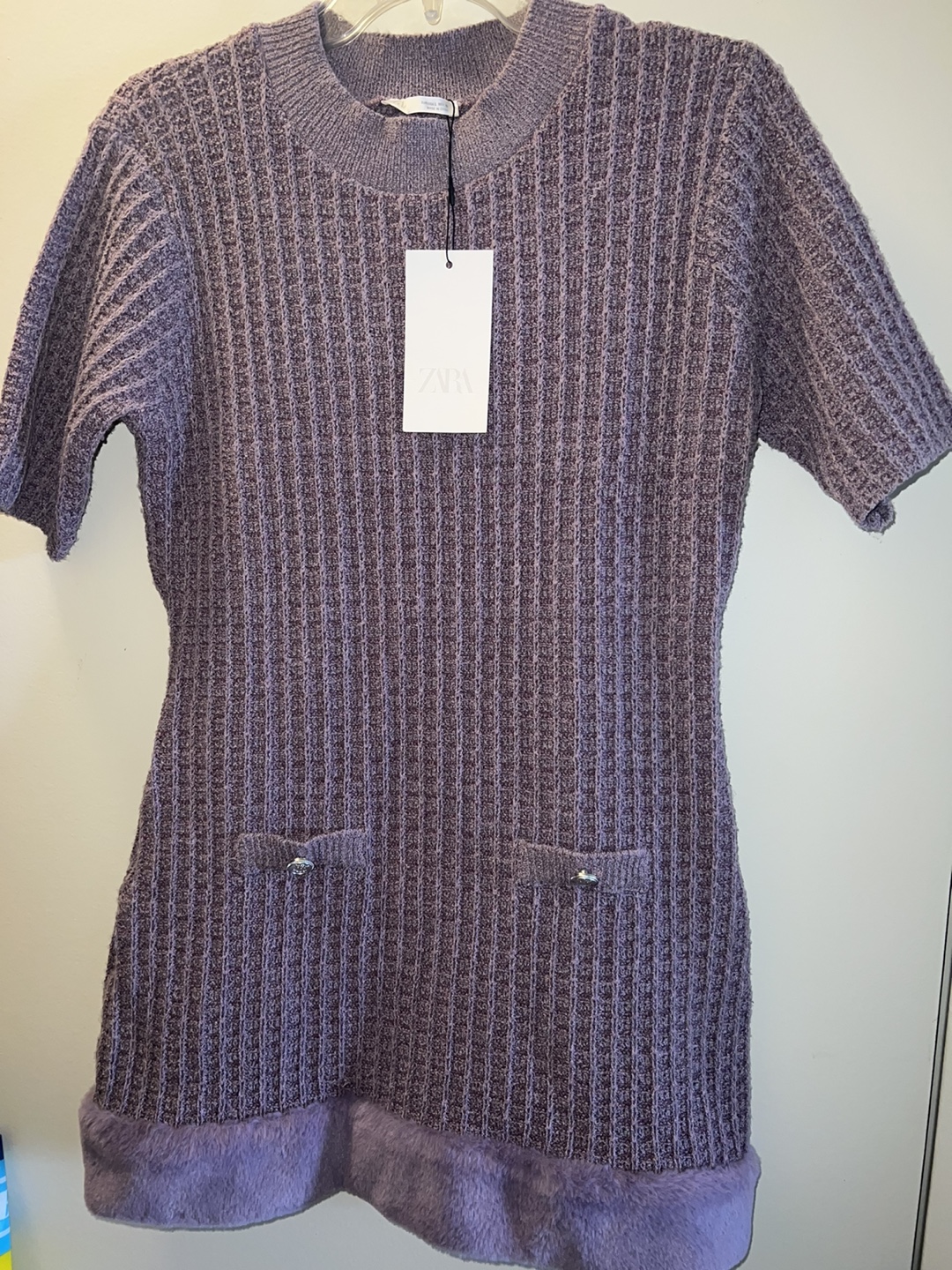 New-ZARA Knit Dress with Faux Fur Trim - Size L