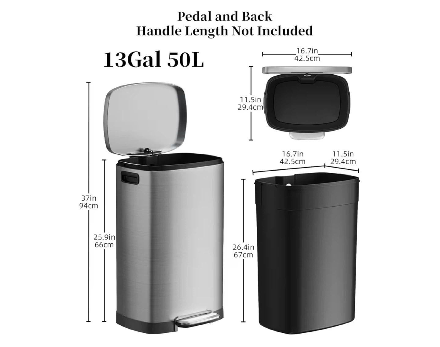 13 Gallon 50L Stainless Steel Step Trash Can