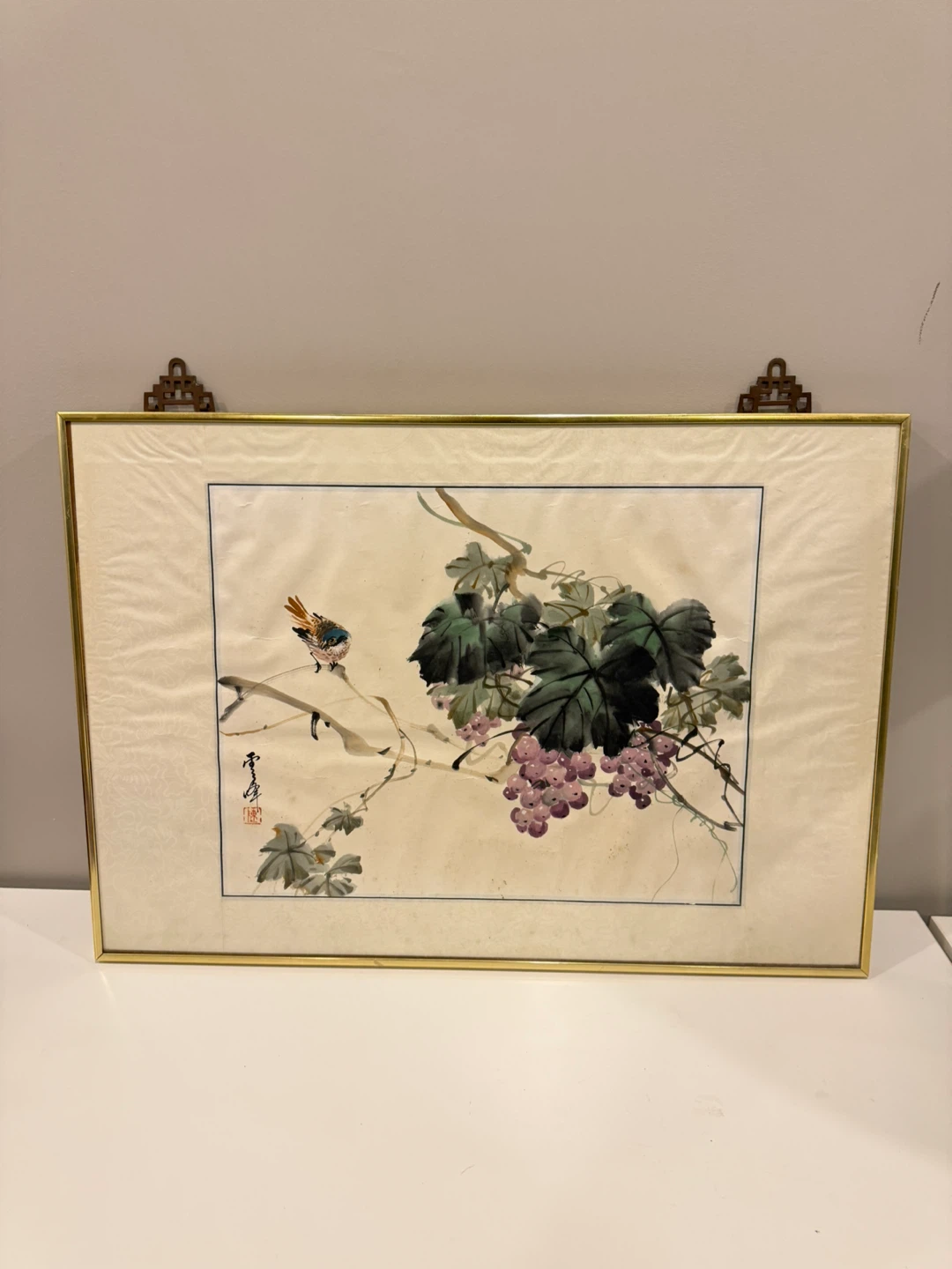 Framed Bird and Grapevine Art