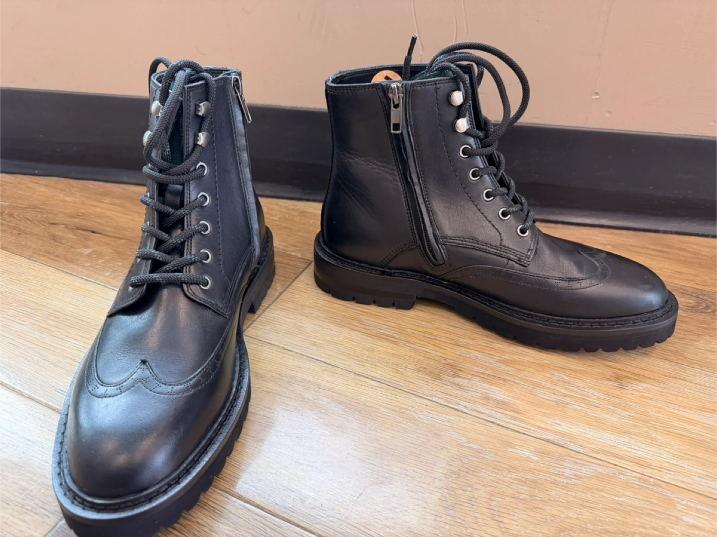 Black Leather Wingtip Boots with Side Zipper