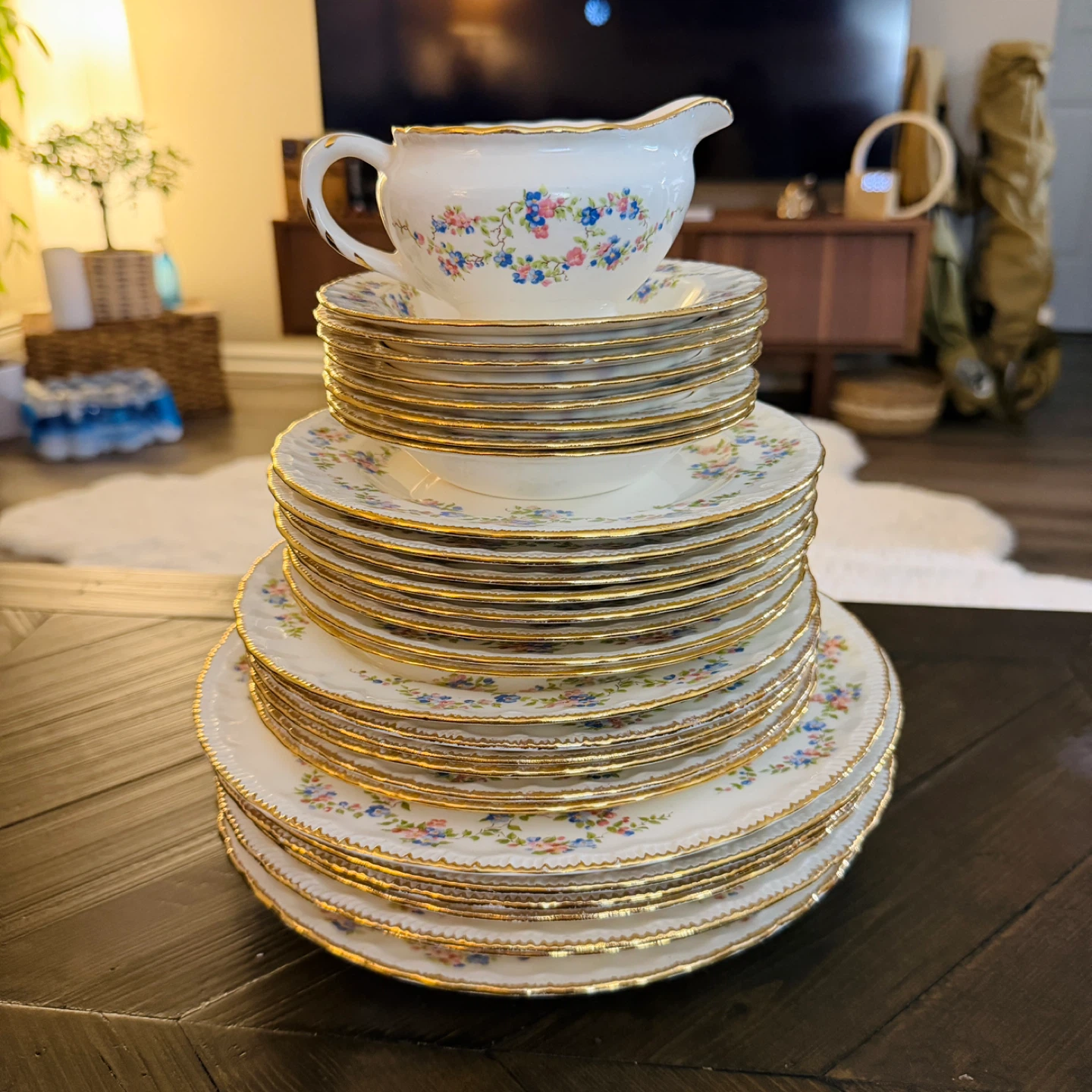 Vintage 1930s Pope Gosser “Blue Belle” Fine China Set, Gold Trim