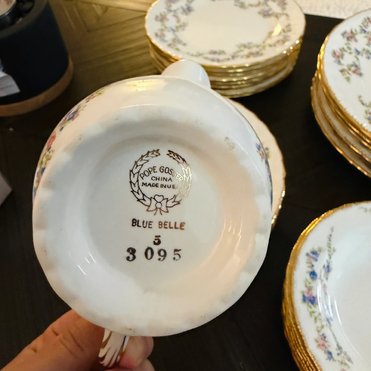 Vintage 1930s Pope Gosser “Blue Belle” Fine China Set, Gold Trim - photo 4