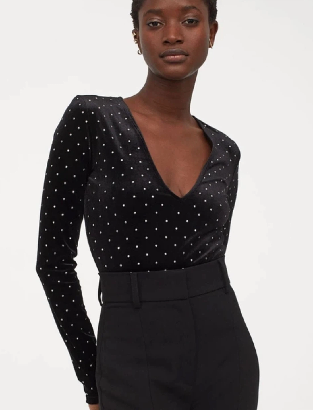 NWT • H&M Black Velvet Rhinestone Long Sleeve Bodysuit - photo 2