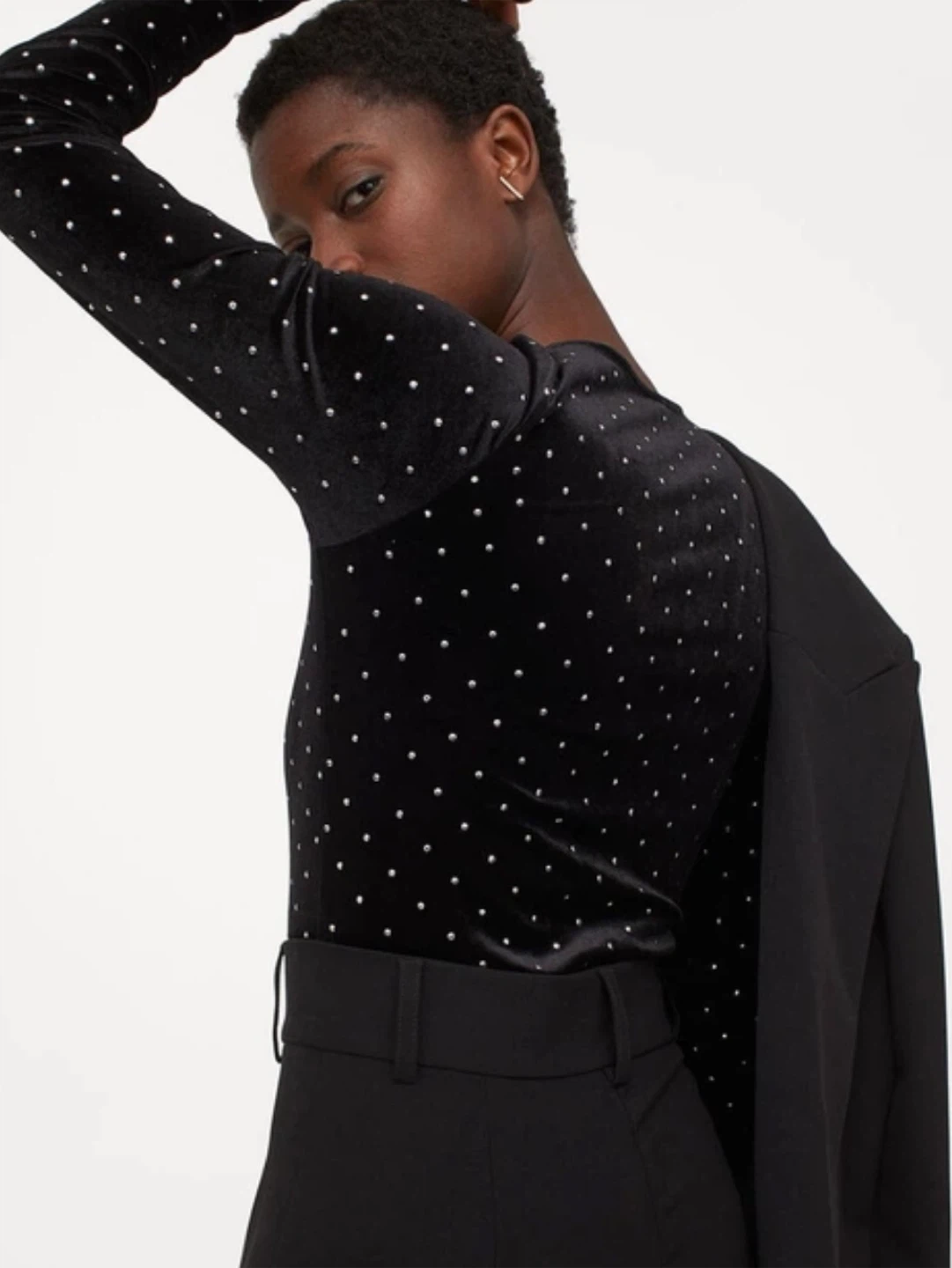 NWT • H&M Black Velvet Rhinestone Long Sleeve Bodysuit - photo 4