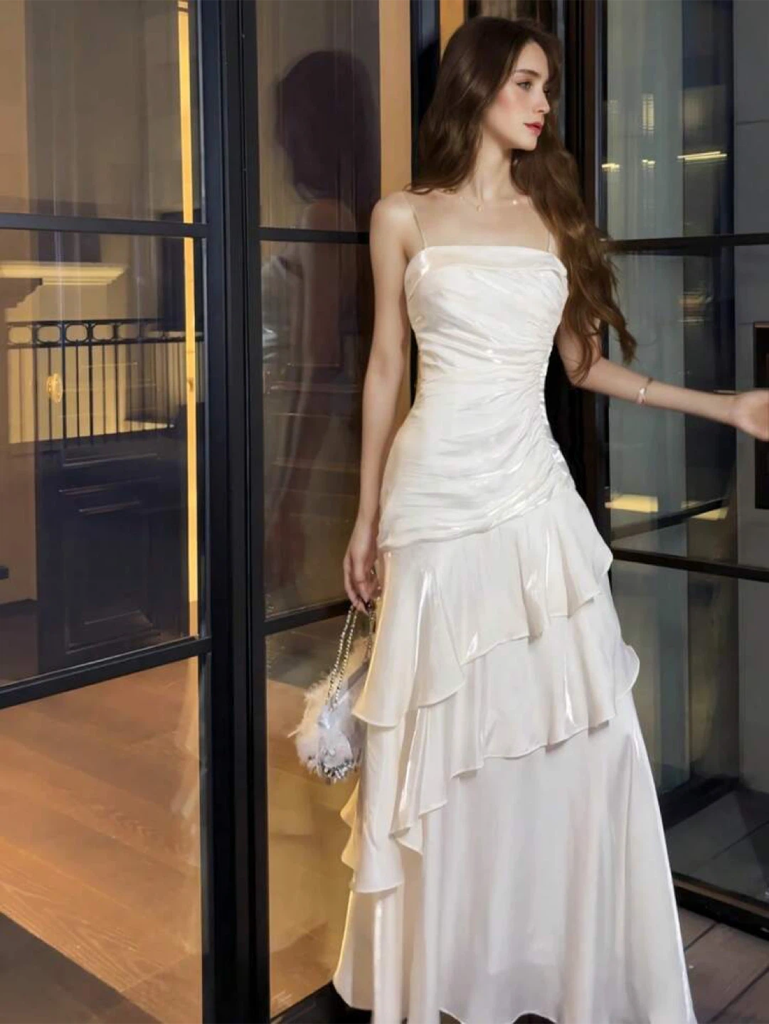 Elegant Pearlescent White Tiered Ruffle Gown