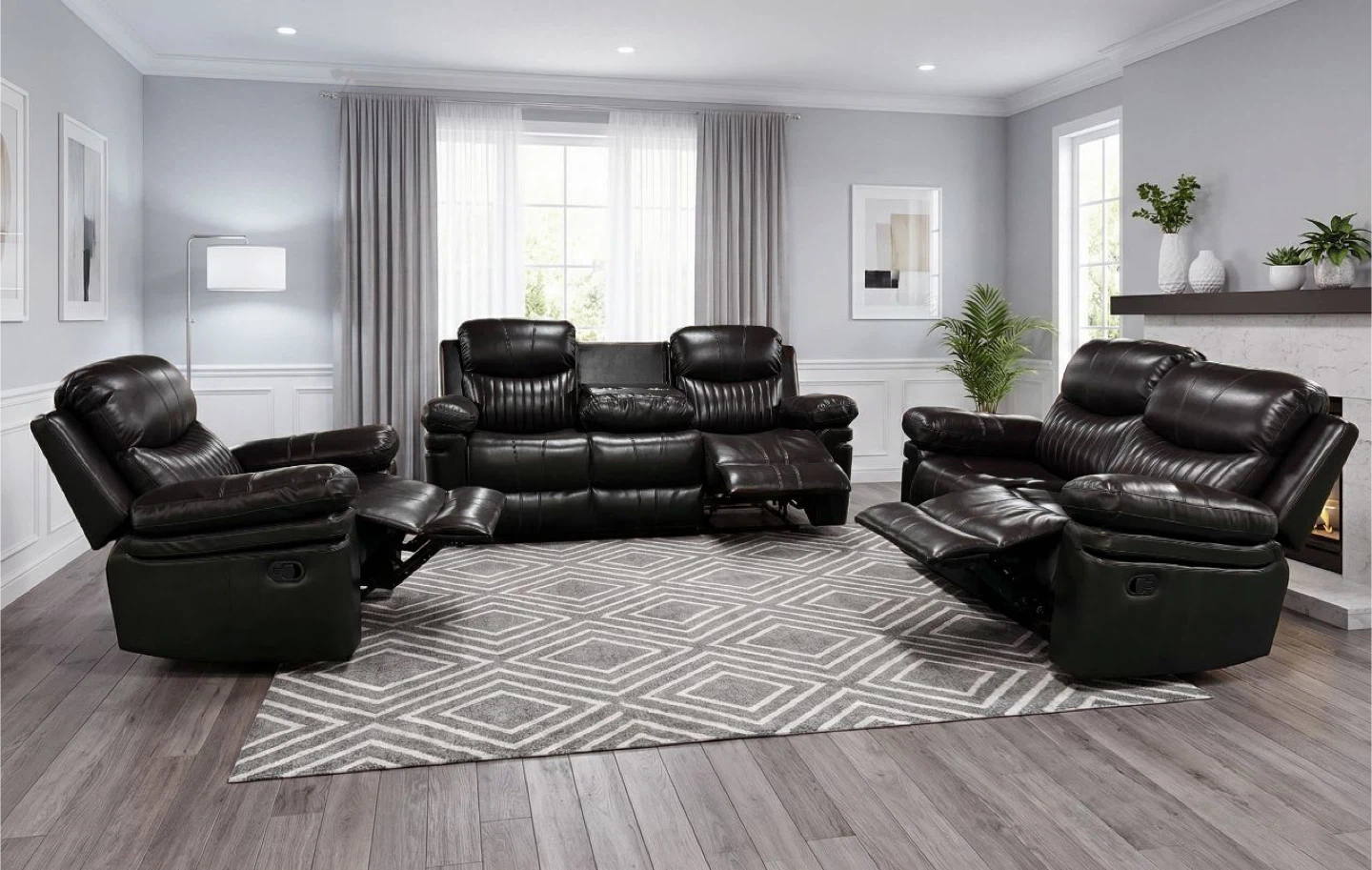 Dark Brown Leather Reclining Sofa and Chair Set
