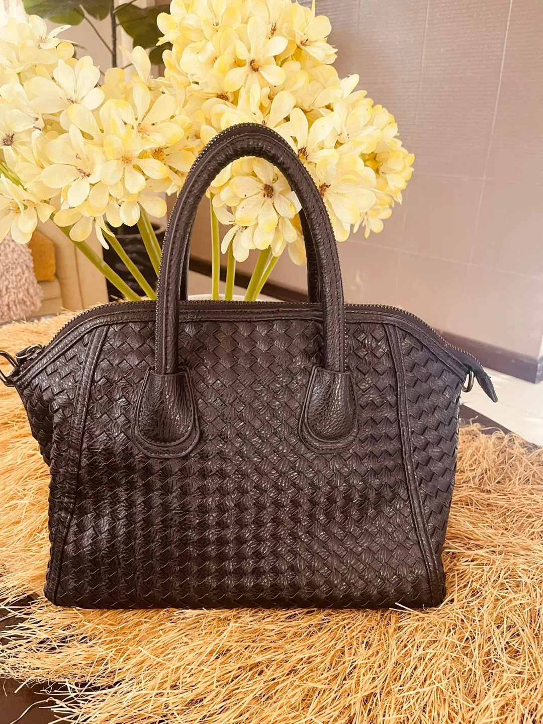 Dark Brown Woven Leather Handbag
