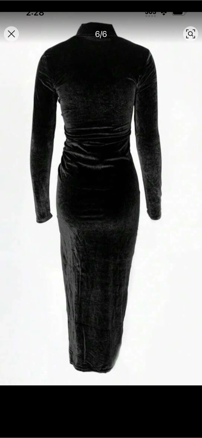 Black Velvet Mock Neck Long Sleeve Ruched Dress - photo 4