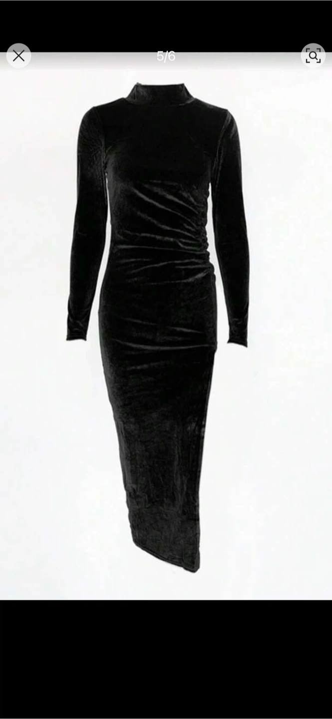 Black Velvet Mock Neck Long Sleeve Ruched Dress - photo 3