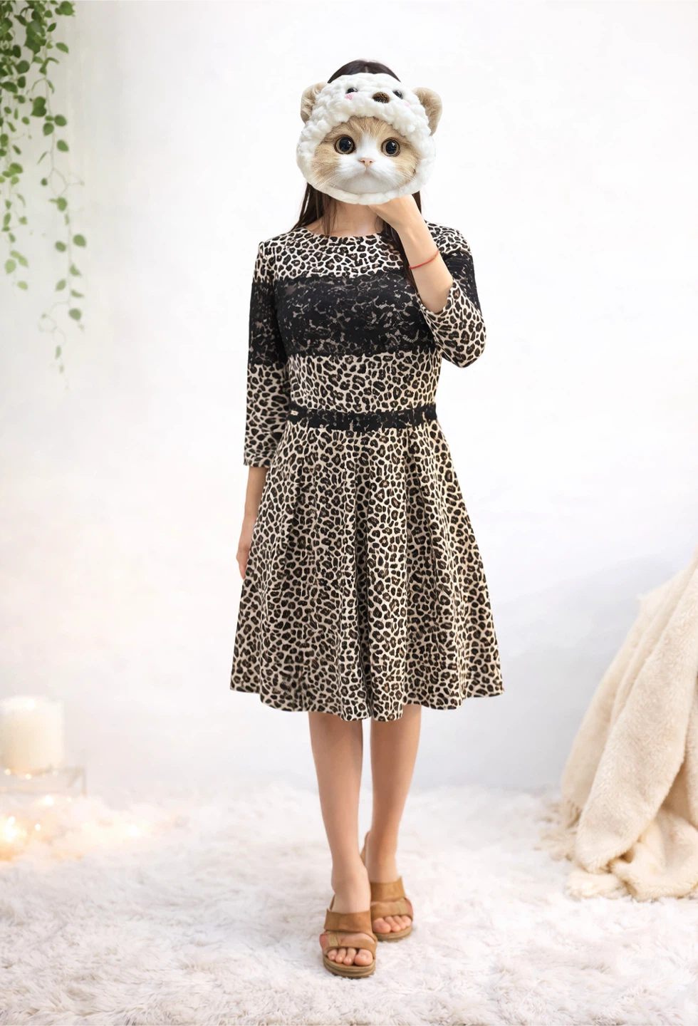 Women's Leopard Print Dress with Black Lace Top