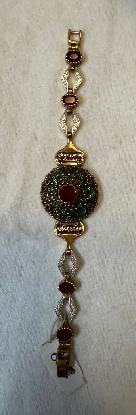 Ornate Red and Green Stone 6 3/4” Bracelet