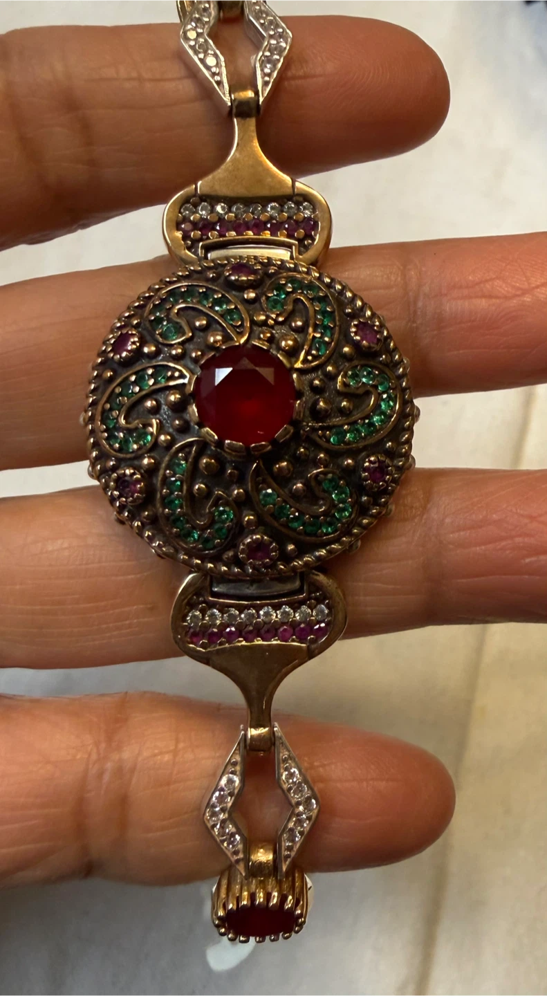 Ornate Red and Green Stone 6 3/4” Bracelet - photo 3