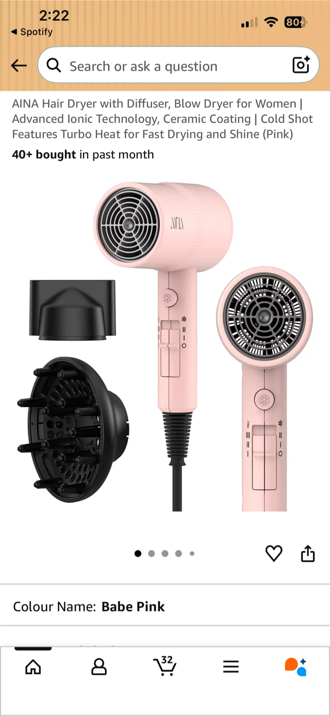 AINA Hair Dryer with Diffuser - Babe Pink