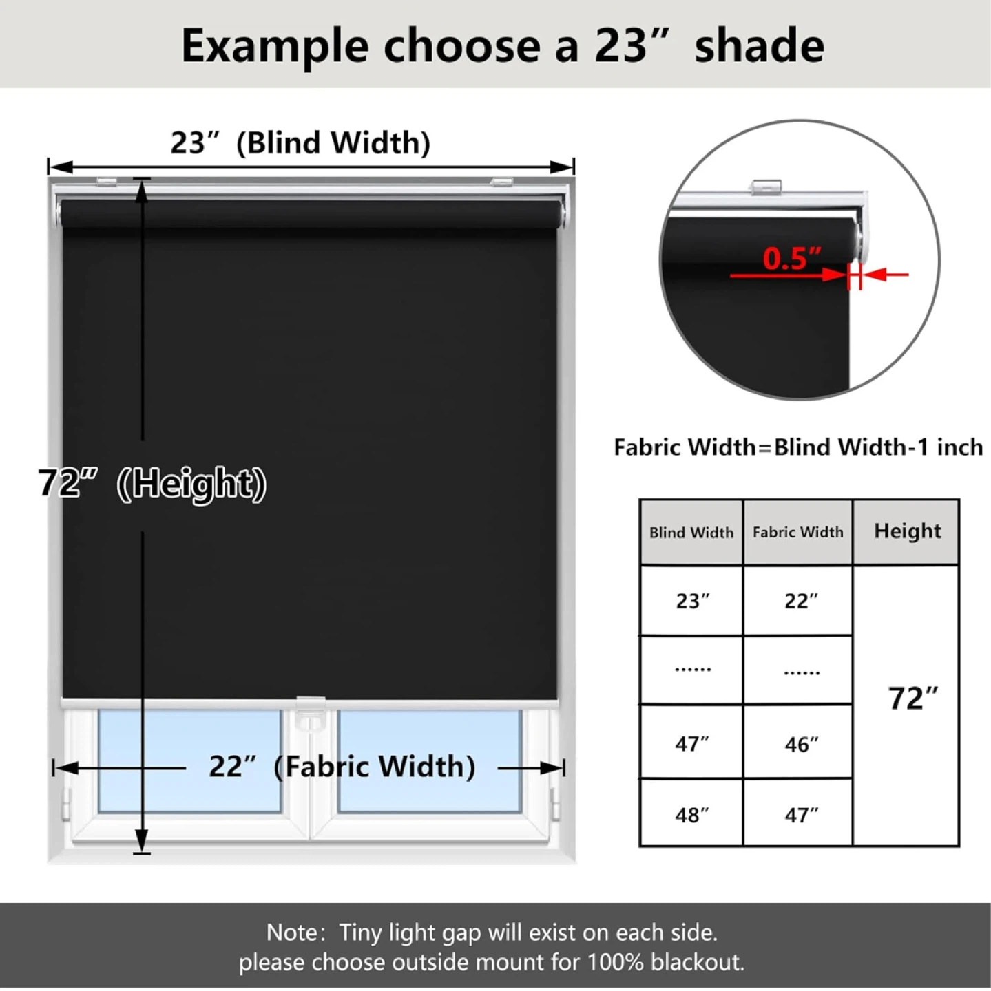 Blackout Roller Blind - 23" x 72"(black) - photo 3