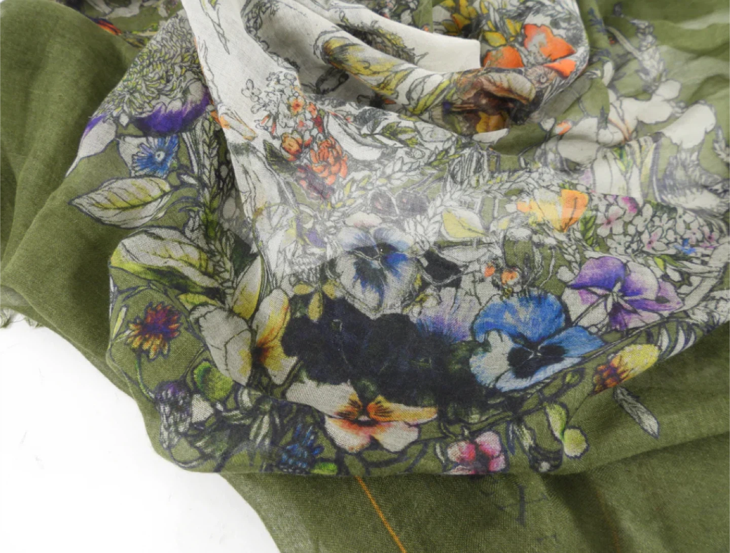 Alexander McQueen Floral Skull Print Scarf - Olive Green - photo 4